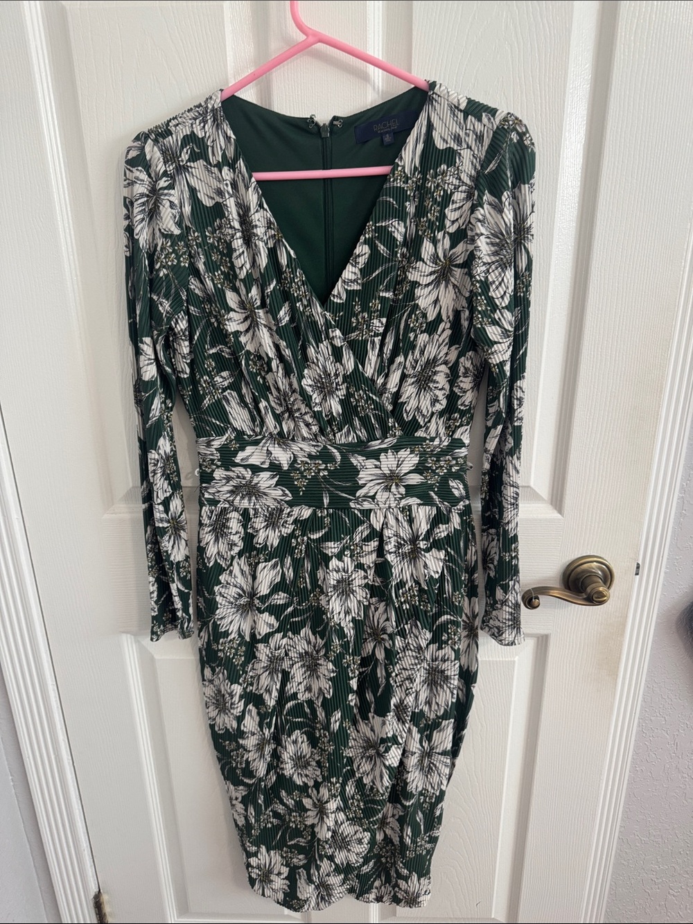 Rachel Rachel Roy Dark Green and White Floral Faux-Wrap Long Sleeve Dress